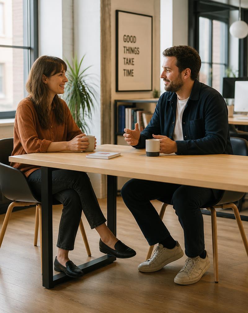 Deux professionnels en discussion autour d'un café dans un bureau lumineux
